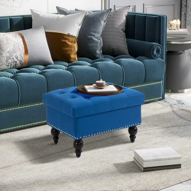 HOMCOM Ottoman with Storage for Living Room, 25" Storage Ottoman with Removable Lid, Button-Tufted Fabric Bench for Footrest and Seat with Wood Legs, Blue