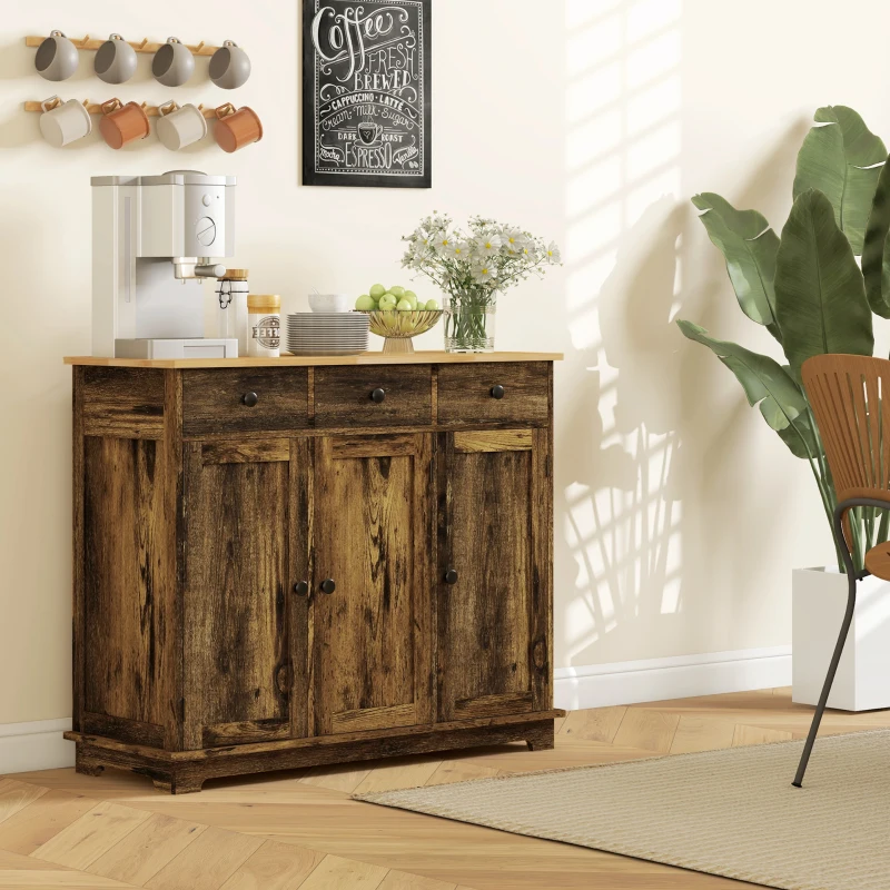HOMCOM Kitchen Storage Cabinet, Sideboard Floor Cupboard with Solid Wood Top, Adjustable Shelf, and 3 Drawers, Brown