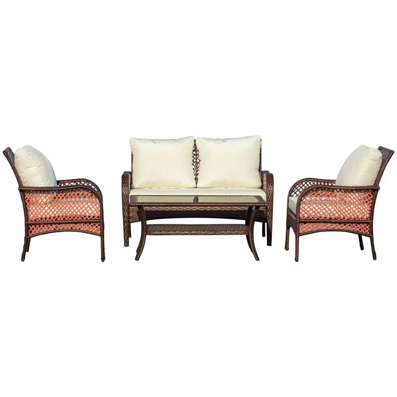 Outsunny 4-Piece Outdoor Wicker Sofa Set, Outdoor PE Rattan Conversation Furniture with 4 Chairs & Table, Water-Fighting Material, White