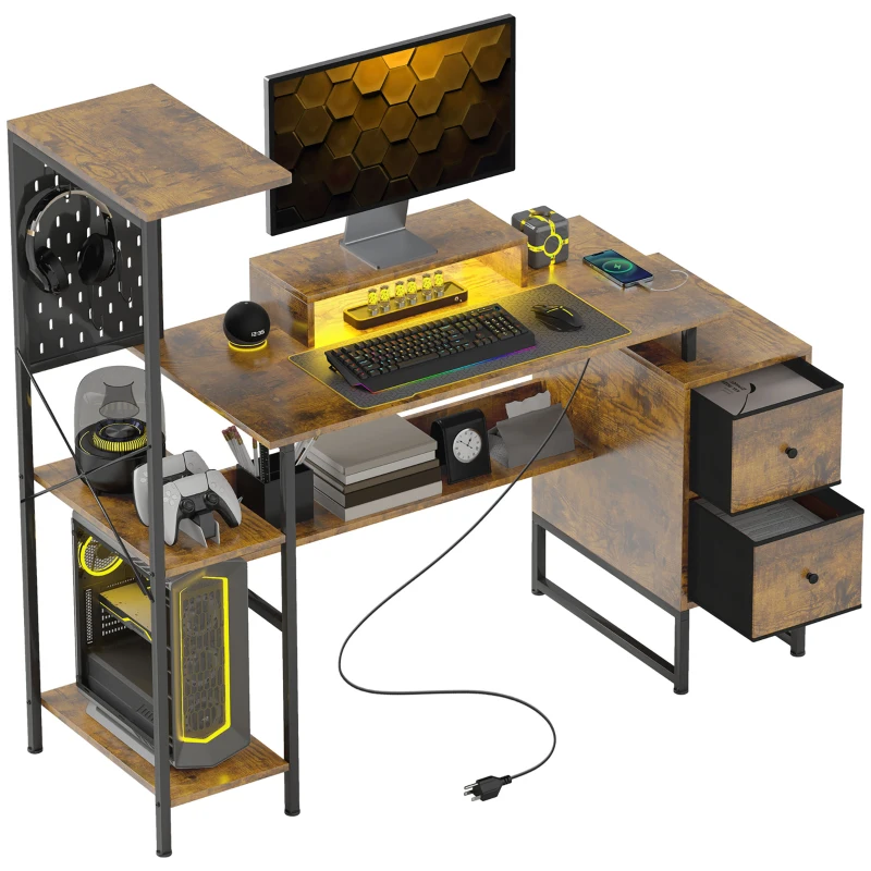 HOMCOM 56" Computer Desk with Storage, Computer Table with Power Outlets and LED Lights, Rustic Brown