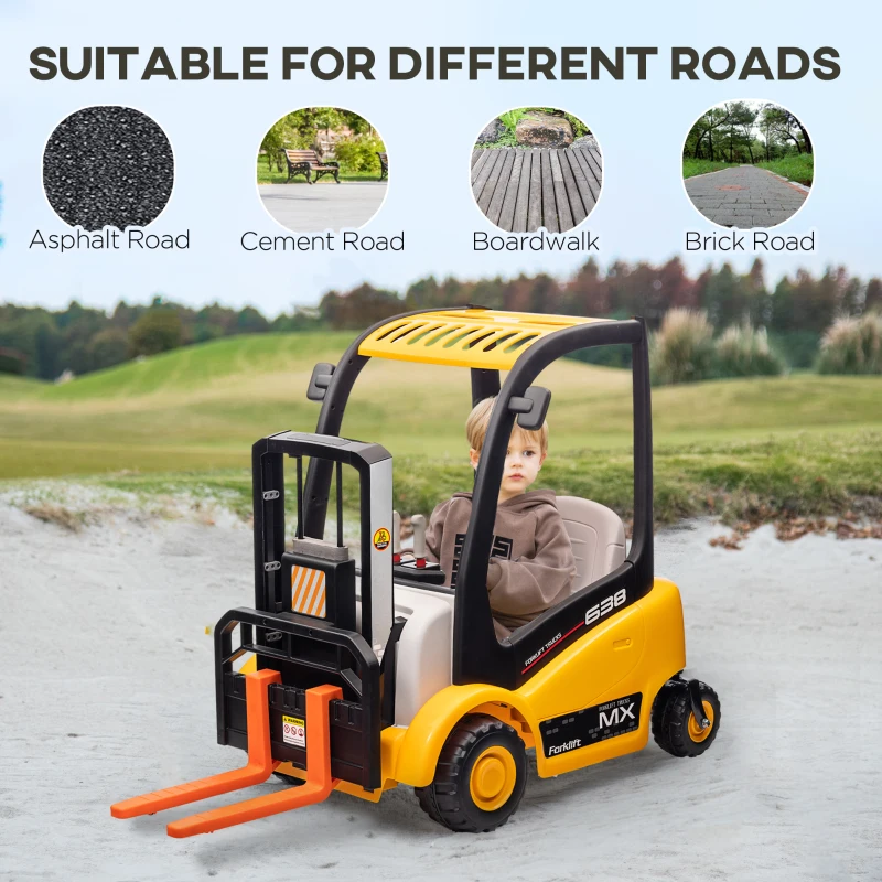 Qaba 12V Kids Ride on Forklift Car with Tent, 360° Rotation Electric Ride On Excavator w/ Liftable Fork and Pallet, Music