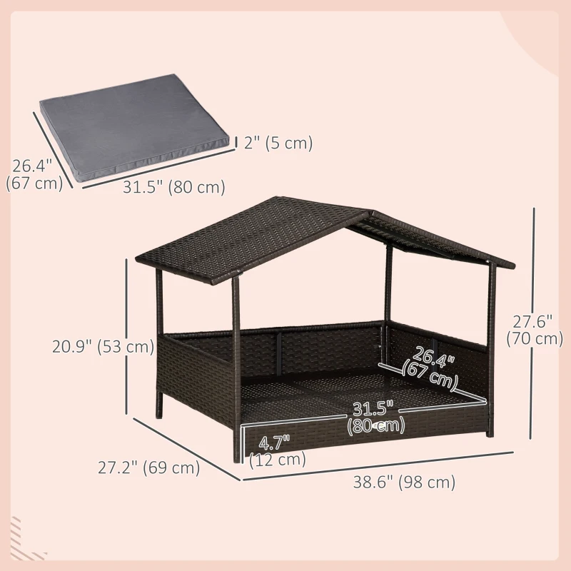 PawHut Wicker Pet House Dog Bed for Indoor/Outdoor Rattan Furniture with Cushion