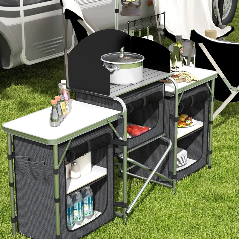 Outsunny Aluminum Camping Kitchen, Portable Folding Camping Table with Fabric Cupboards, Windshield, Bag for BBQ, Picnic, Black