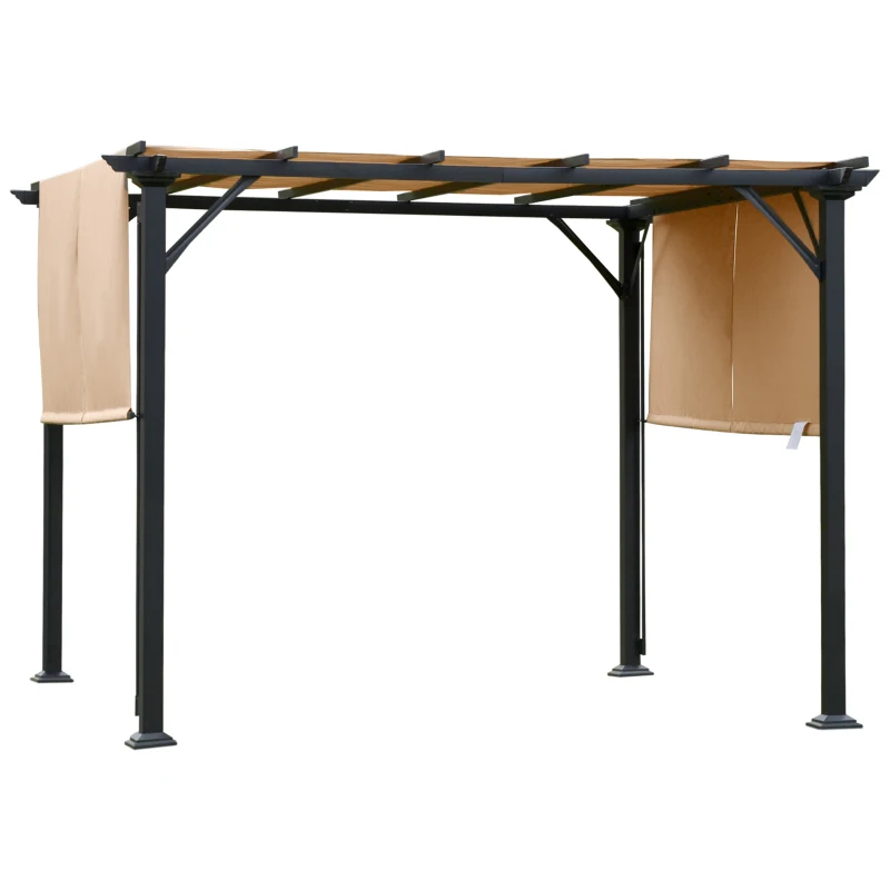 Outsunny 10' x 10' Retractable Pergola Canopy, Outdoor Gazebo with Sun Shade Canopy and Steel Frame, for Backyard, Garden, Patio, Deck, Brown