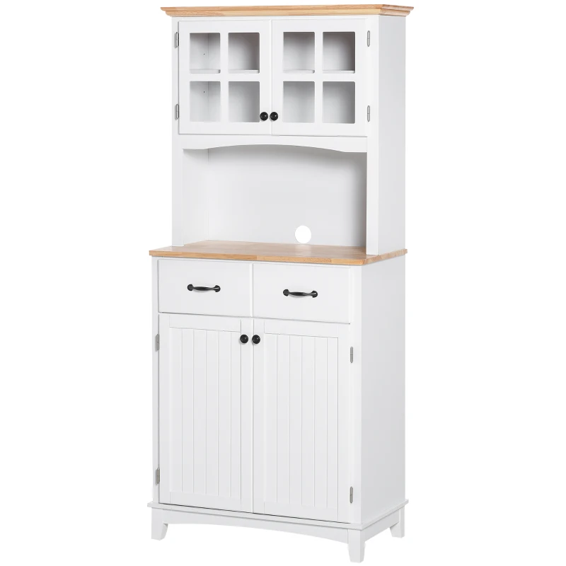 HOMCOM Coastal Style Kitchen Buffet and Hutch Wooden Storage Cabinet with Framed Glass Door  Drawers Microwave Space for Dining Room  Living Room  White