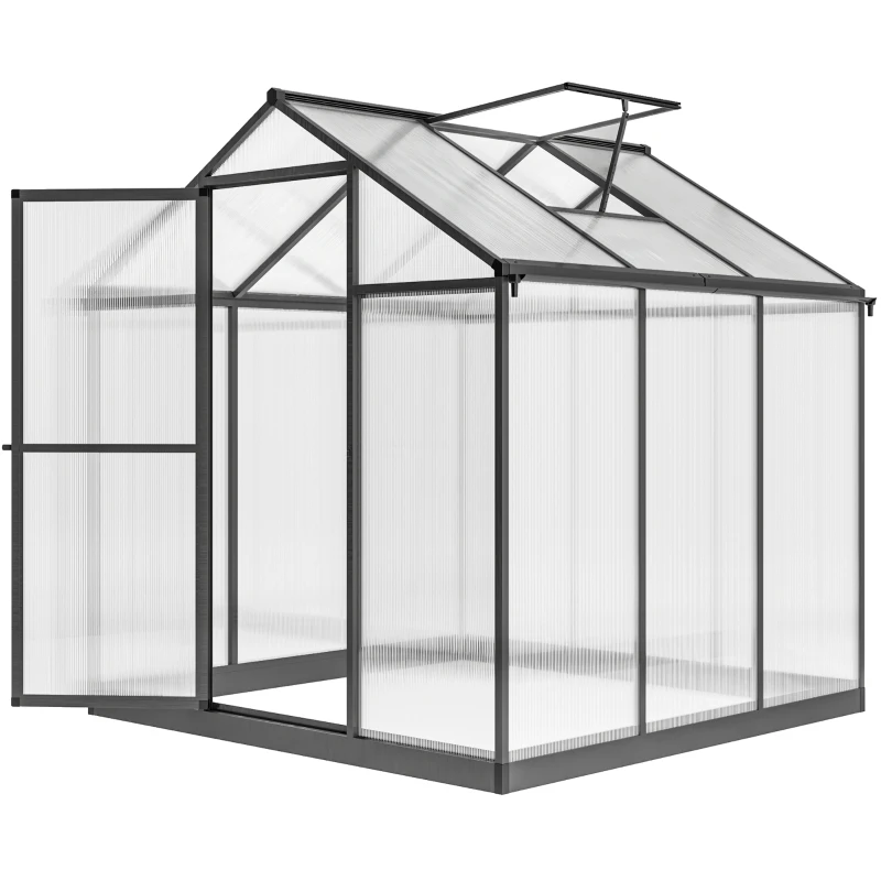 Outsunny 6' x 8' x 6.4' Polycarbonate Greenhouse, Aluminum Walk-In Green House Kit Garden, Plants Grow with Rain Gutter and Roof Vent, Charcoal Grey