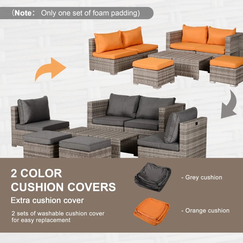 Outsunny 8 Pieces Patio Furniture Set, Outdoor Wicker Rattan Sofa Set Yard Conversation Seat Tea Table and Footstool Garden Patio Furniture w/ 2 Set Cushion Cover Grey & Orange