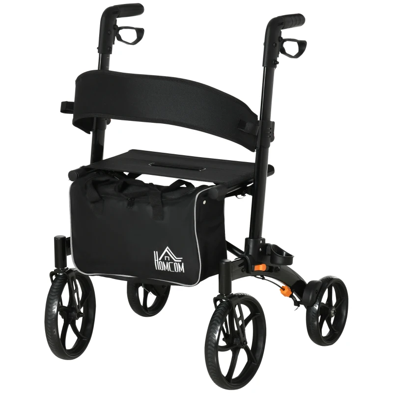 HOMCOM Aluminum Rollator Walker for Seniors and Adults with 10'' Wheels FSA HSA Eligible, Seat and Backrest, Folding Rolling Walker with Adjustable Handle and Storage Bag, Support up to 300lbs, Black