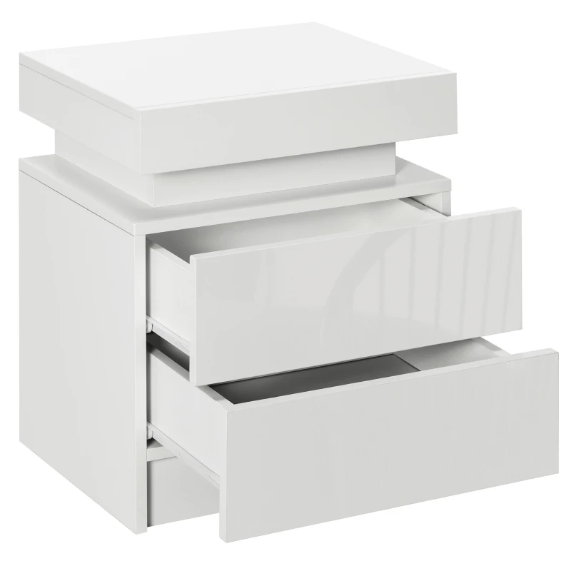 HOMCOM Nightstand, Bedside Table with LED Lights and 2 Drawers for Bedroom, Living Room, White