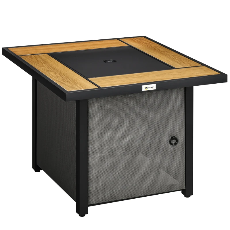 Outsunny 31 Inch Outdoor Propane Gas Fire Pit Table, 50,000 BTU Auto-Ignition Square Gas Firepit with Ceramic Tabletop, Glass Wind Guard, Lid, Glass Beads, Rain Cover, CSA Certification, Brown
