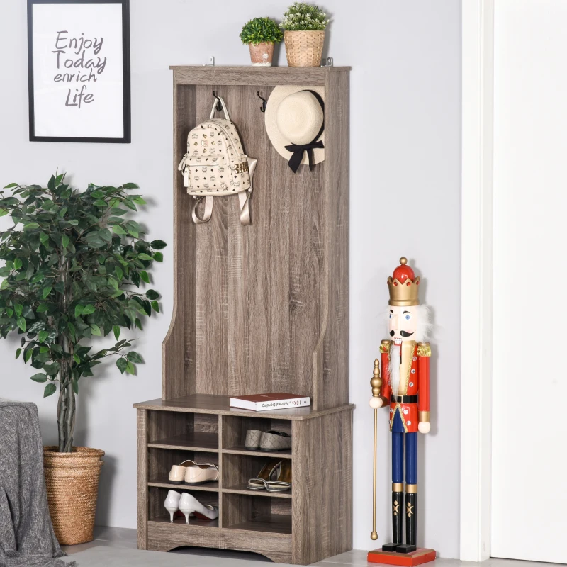 HOMCOM Coat Rack Wooden Hall Tree Storage Organizer Shoe Bench with Rack 3 Hooks for Hallway Foyer Bedroom Living Room Brown