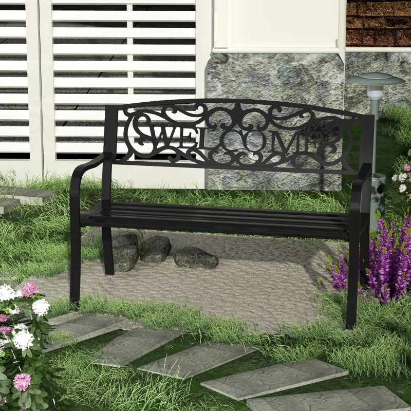 Outsunny 50" 2-Seater Garden Bench, Patio Decorative Chair Metal Backyard Loveseat Outdoor Furniture for Yard, Lawn, Porch, Black