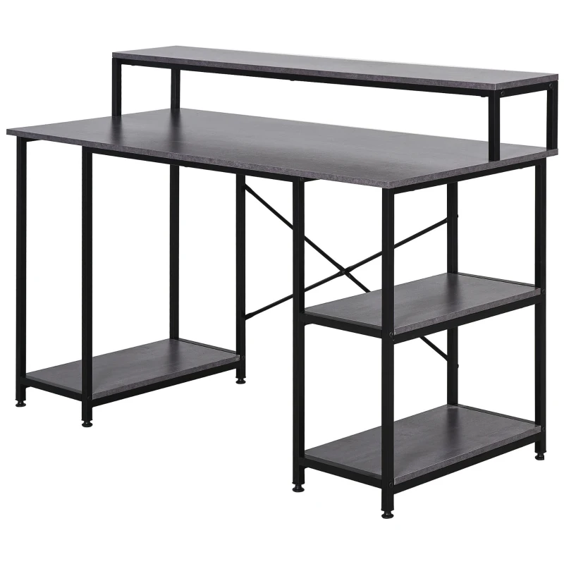 HOMCOM 55 Inch Home Office Computer Desk Study Writing Workstation with Storage Shelves, Elevated Monitor Shelf, CPU Stand, Durable X-Shaped Construction, Grey Wood Grain