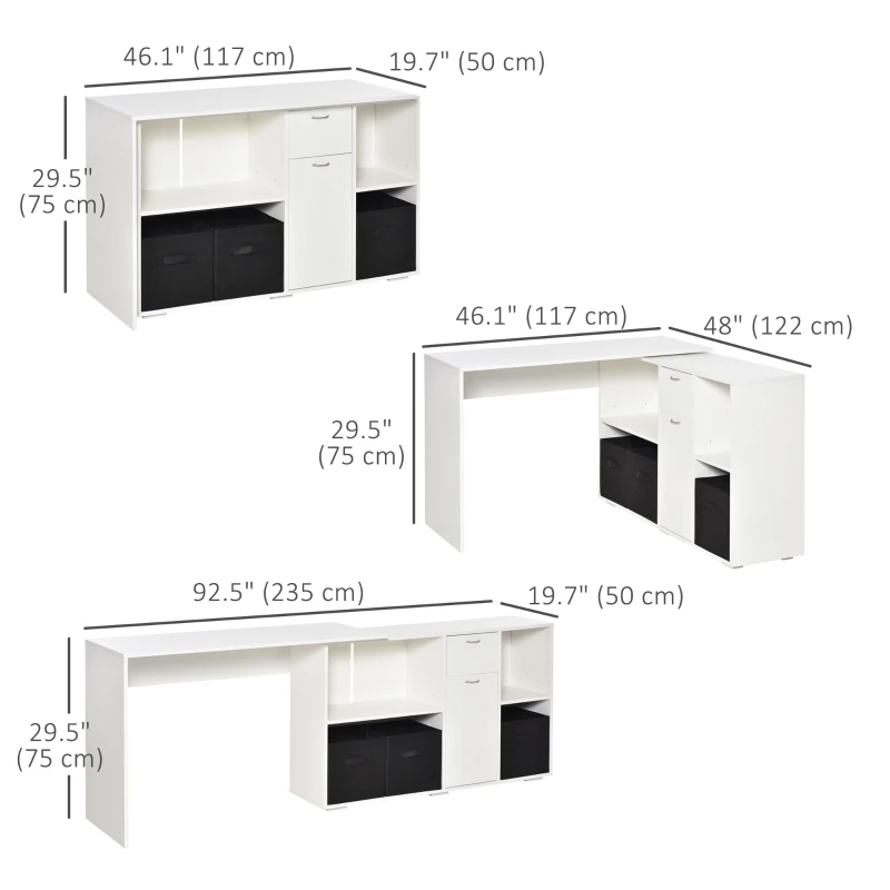 HOMCOM Convertible L-Shaped Computer Desk, Corner Table wth 3 Fabric Storage Boxes, Retractable Home Office Desk, White