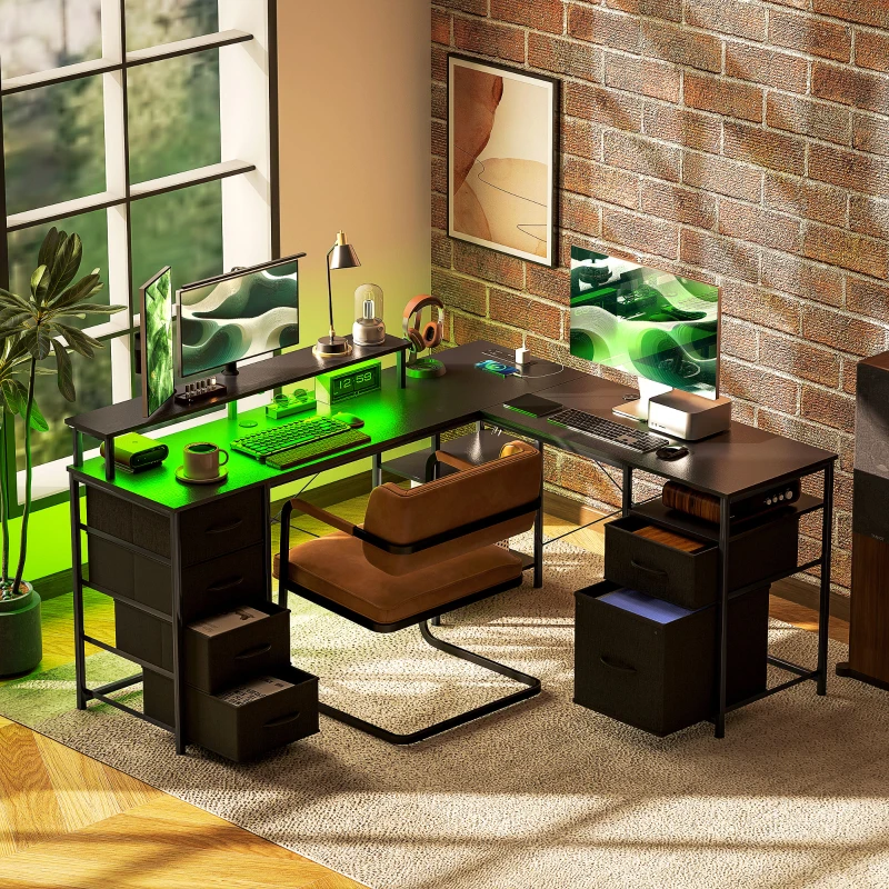 HOMCOM 66" Reversible L Shaped Computer Desk, Corner Desk with File Drawer, Power Outlets and LED Lights, Distressed Black