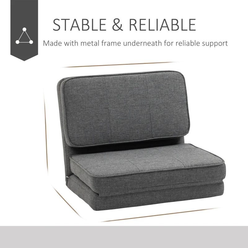 HOMCOM Convertible Flip Chair, Folding Upholstered Floor Sofa, Adjustable Guest Chaise Lounge, Dorm Bed with Metal Frame for Living Room and Bedroom, Dark Gray