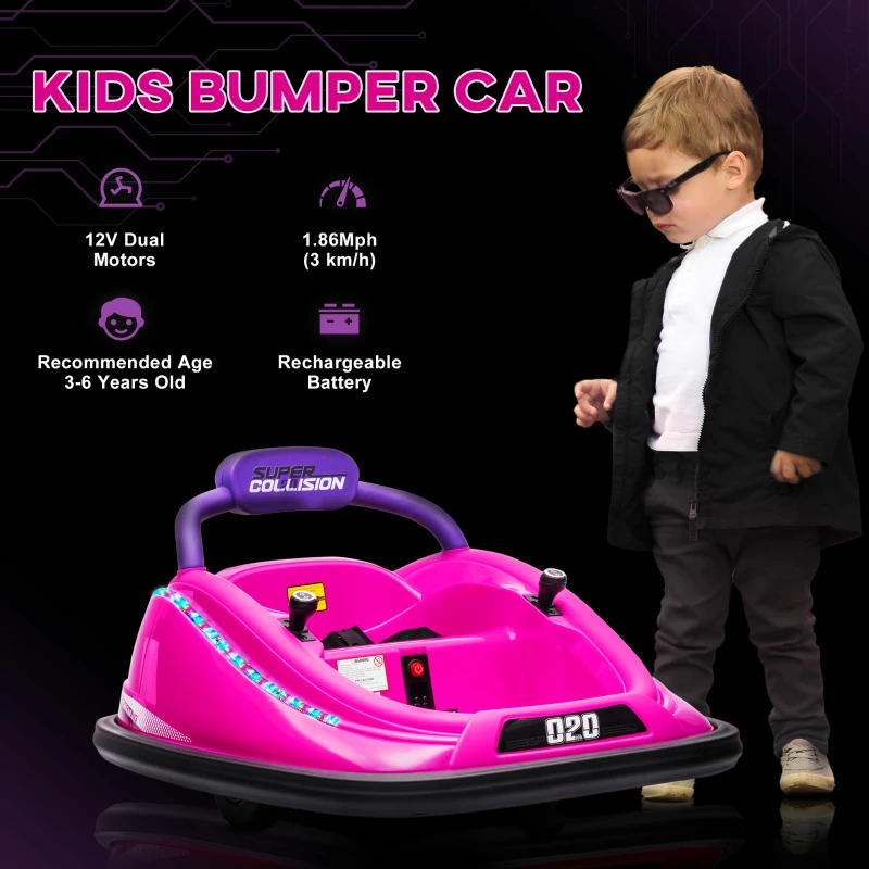 Aosom 12V Kids Bumper Car Twins Motor with Parent Remote Control, Safety Belt, Lights, 360° Rotation, Pink(m-8)