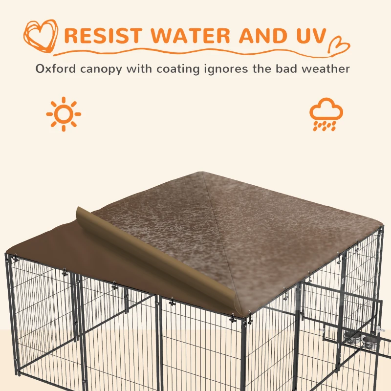 PawHut 6.9' x 6.9' x 5' Outdoor Dog Kennel with Canopy, Rotating Bowls, Coffee