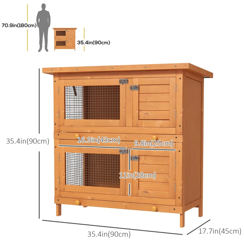 PawHut 2-Tier Wooden Rabbit Hutch Small Animal House Bunny Pet Cage with 2 Main Rooms, Sliding Tray, Opening Top, Yellow