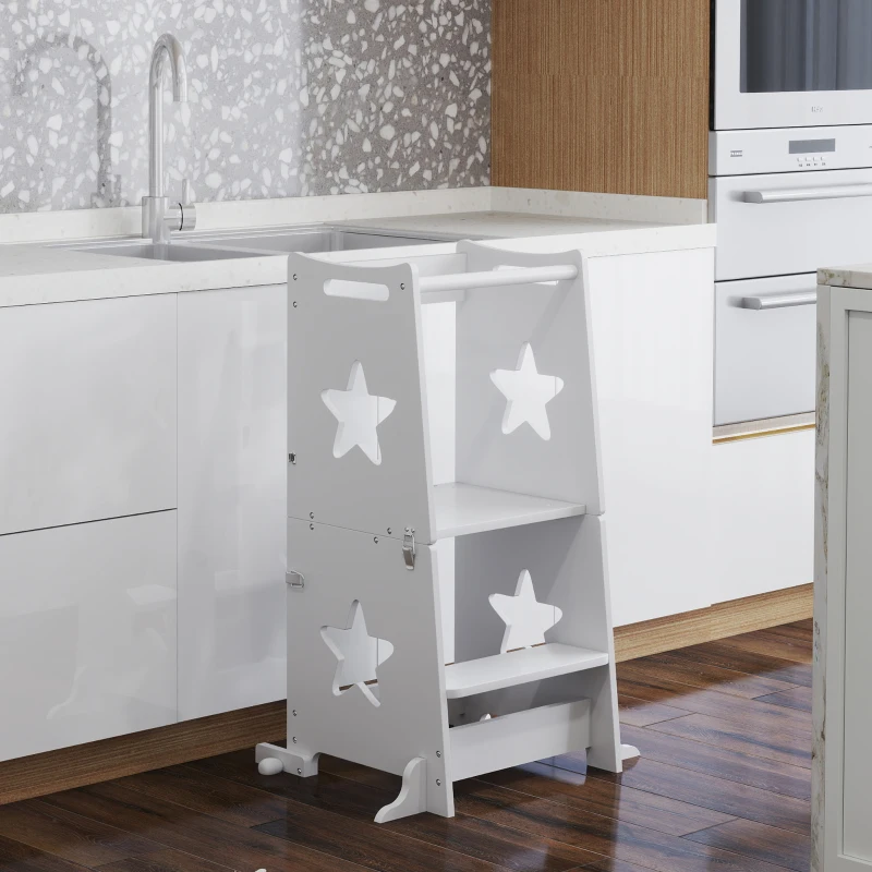 Qaba 2 in 1 Toddler Tower with Safety Rail for Bathroom, Sink, Kitchen or Counter, White
