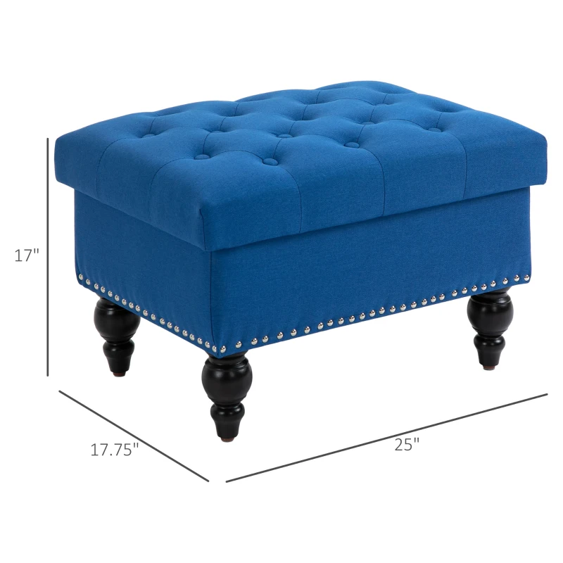 HOMCOM Ottoman with Storage for Living Room, 25" Storage Ottoman with Removable Lid, Button-Tufted Fabric Bench for Footrest and Seat with Wood Legs, Blue