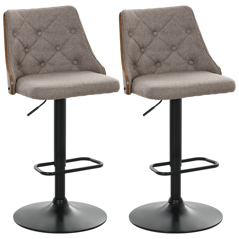 HOMCOM Counter Height Bar Stools Set of 2 with Solid Wood Back, Height Adjustable Swivel Barstools, Button Tufted Linen Fabric Bar Chairs with Footrest, Brown