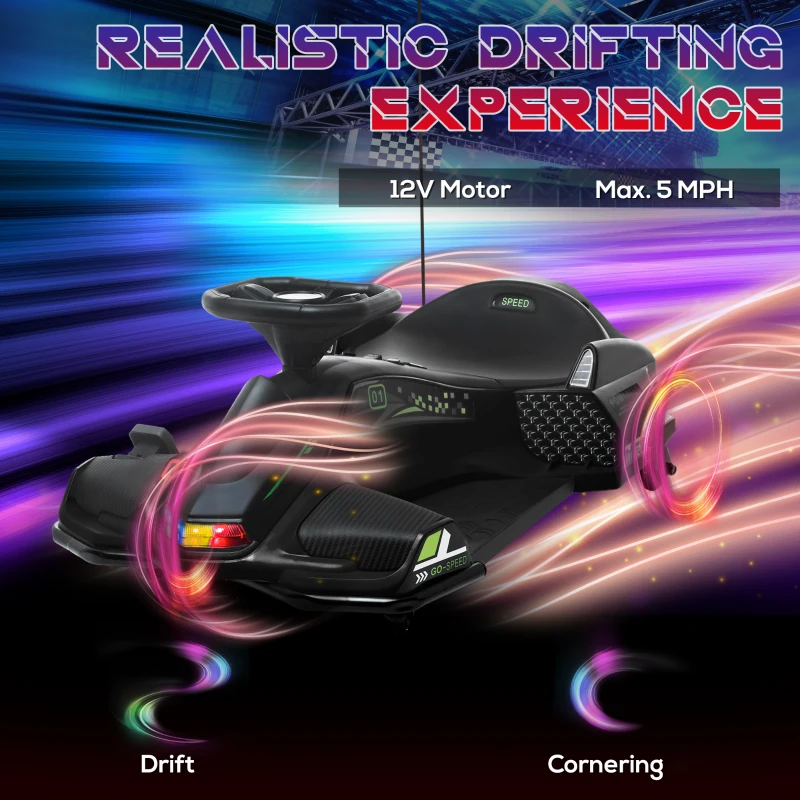 Aosom 12V Electric Drifting Go Kart w/ Slow Start, Music, Lights, Black