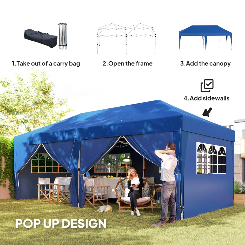 Outsunny 10' x 20' Pop Up Canopy Tent Outdoor Portable Easy Up Party Tent Garden Shade Shelter with Walls Carrying Bag, Blue
