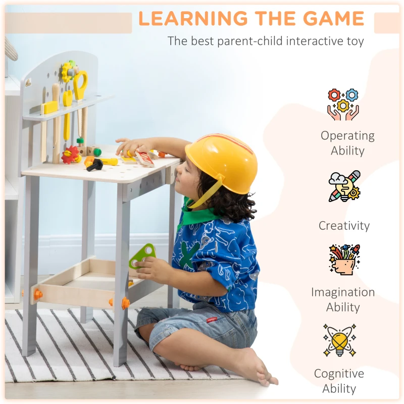Qaba Wooden Kids Tool Bench with 31 Piece Kids Tool Kit, Workbench Playset, Construction Work Shop Toy for Girls and Boys Ages 3-6 with Storage Shelf
