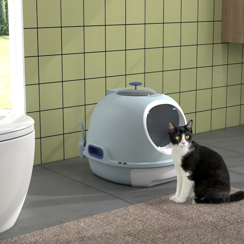 PawHut Cat Litter Box Toilet with Lid, Covered Litter Box with Scoop, Enclosed Drawer, and Skylight, Blue