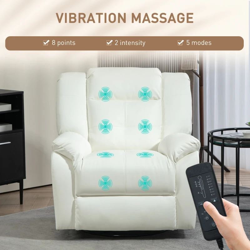 HOMCOM 8-Point Vibration Massage Recliner Chair, PU Leather Manual Reclining Sofa, Swivel Nursery Rocking Chair with Remote Control, Side Pockets, for Living Room, Cream White