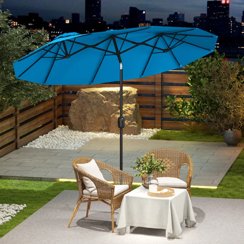 Outsunny Double-sided Patio Umbrella, 9.5' Outdoor Umbrella with Push Button Tilt and Crank, 3 Air Vents and 12 Ribs, Cyan Blue