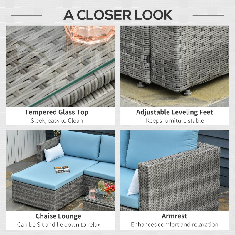 Outsunny 3-Piece Patio Furniture Set Modern Sectional Sofa Rattan Chair Wicker Conversation Set Outdoor Hand Woven Rattan Wicker Furniture Patio Coffee Table Sofa Set, Blue