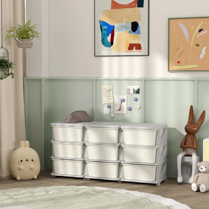 Qaba 29.5" 3 Tier Kids Storage Unit Dresser Tower w/ 9 Drawers, Cream White
