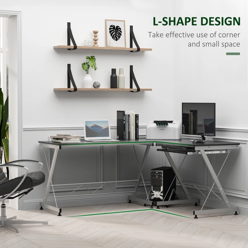 HOMCOM L-Shaped Computer Desk, Corner Table with Keyboard Tray for PC Laptop Desktop, Workstation Stand Home Office Furniture
