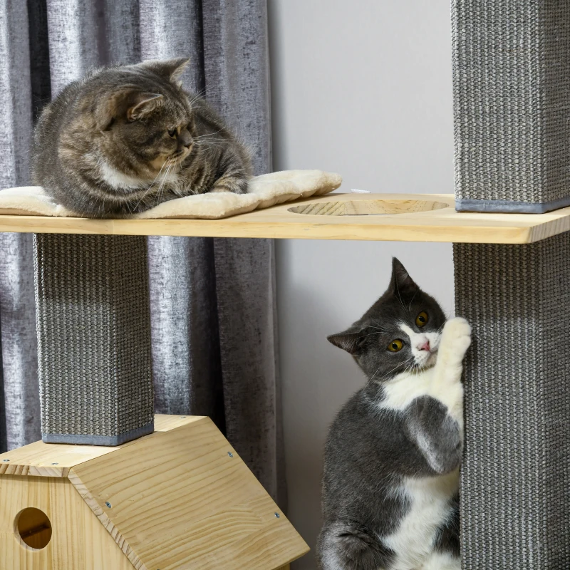 PawHut Cat Tree for Indoor Cats with Scratching Posts, Double-Layer House, 32" x 16" x 53", Natural