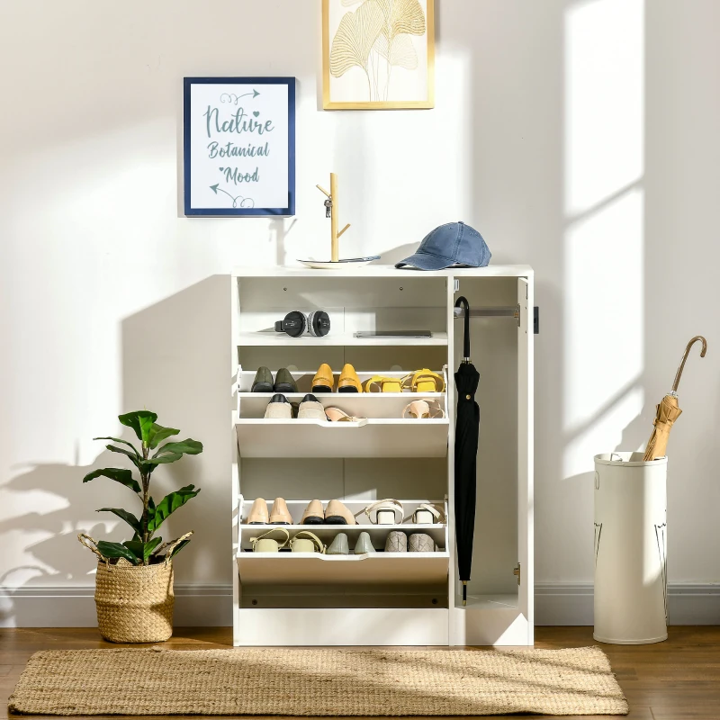 HOMCOM Modern Shoe Cabinet, 12 Pairs Shoe Storage Cabinet with 2 Flip Drawers, Adjustable Shelves, Open Shelf and Compartment for Umbrella, Hallway Entryway, White