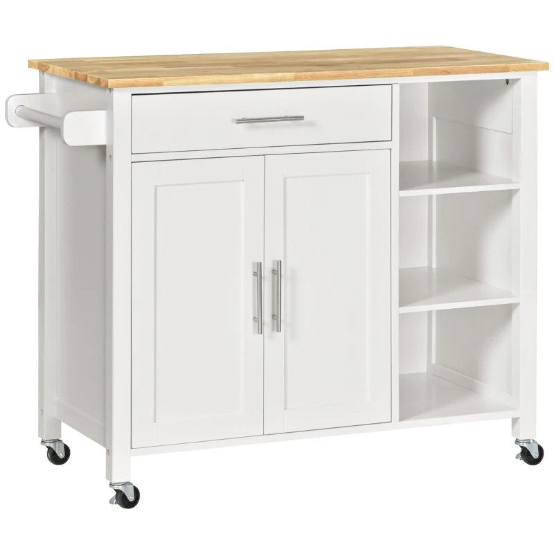 HOMCOM Wooden Rolling Kitchen Island on 360° Swivel Wheels Dining Cart with Drawer, Towel Rack for Kitchen, White