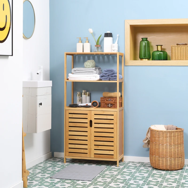 kleankin Bamboo Bathroom Cabinet, Bathroom Floor Cabinet with 2 Open Shelves and 2 Slatted Doors, Freestanding Linen Tower for Washroom, Natural