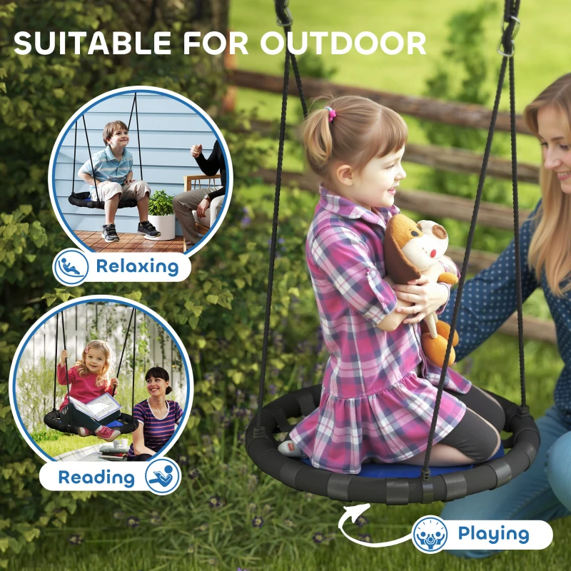 Qaba 24 inch Saucer Tree Swing Set for Kids with Adjustable Hanging Ropes for Outdoor, Backyard, Blue