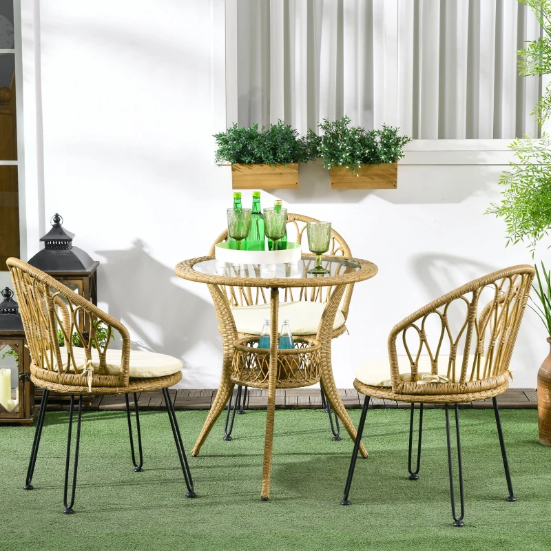 Outsunny 4 Pieces Rattan Dining Set with Storage Basket, Tempered Glass Table Top, for Garden, Backyard, Balcony, Light Brown