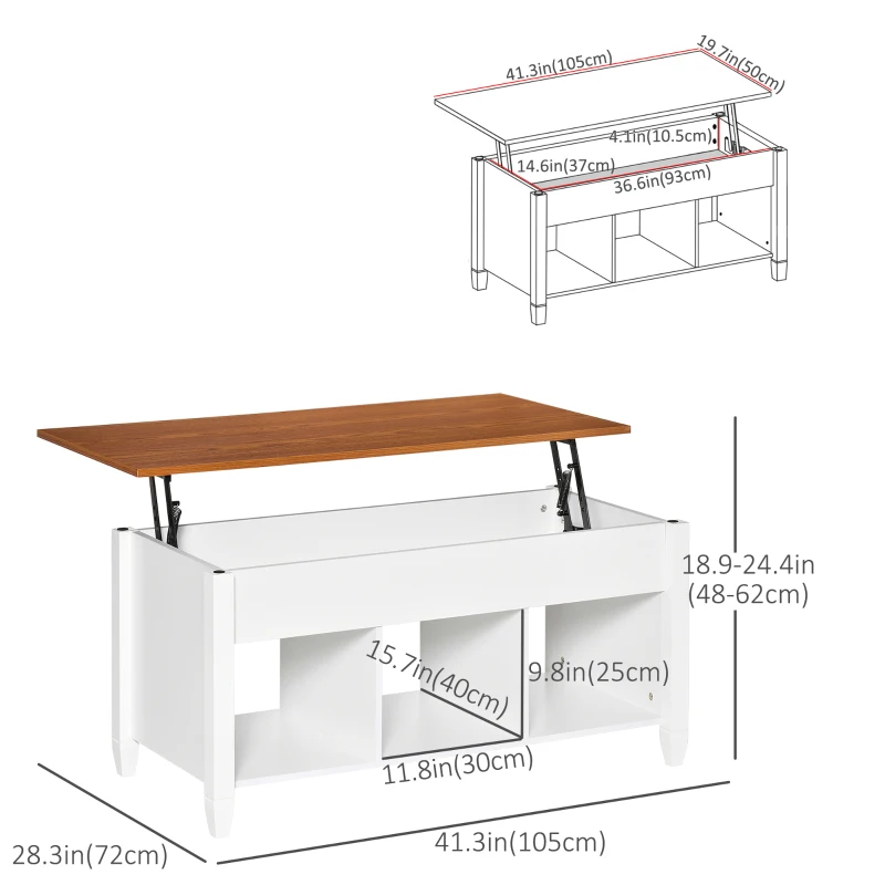 HOMCOM Lift Top Coffee Table, Modern Center Table with Storage Shelves and Hidden Compartment for Living Room, 41" L