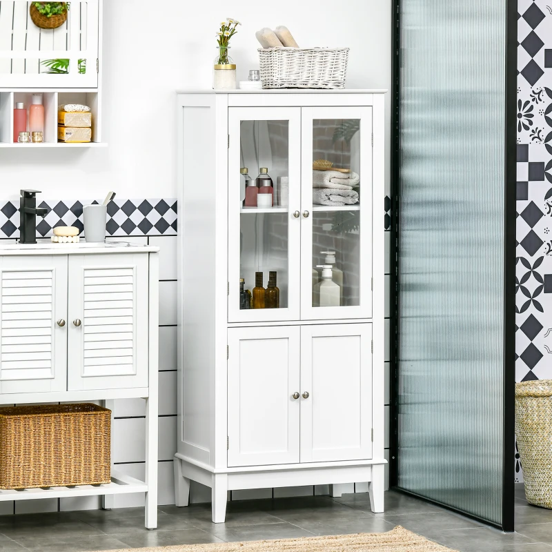 kleankin Bathroom Floor Cabinet with 2 Storage Cabinets, Tempered Glass Door, Freestanding Linen Tower with Adjustable Shelves for Living Room, White