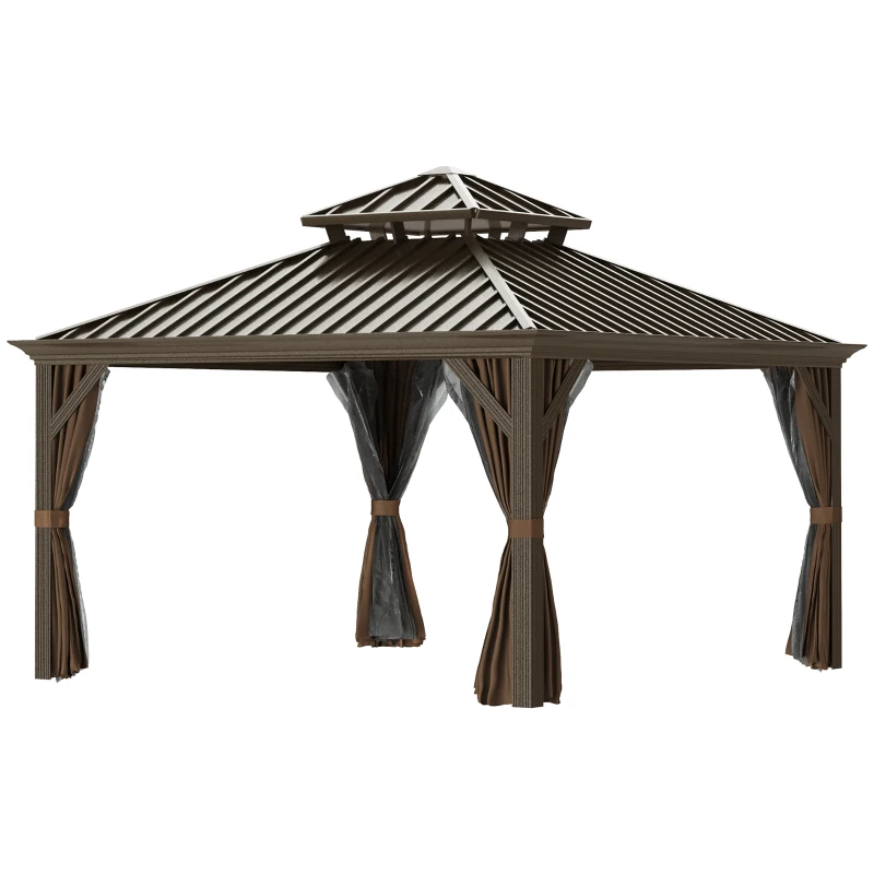 Outsunny 12' x 12' Hardtop Gazebo with Curtains and Netting, Permanent Pavilion Metal Double Roof Gazebo Canopy with Aluminum Frame and Hooks, for Garden, Patio, Backyard, Brown