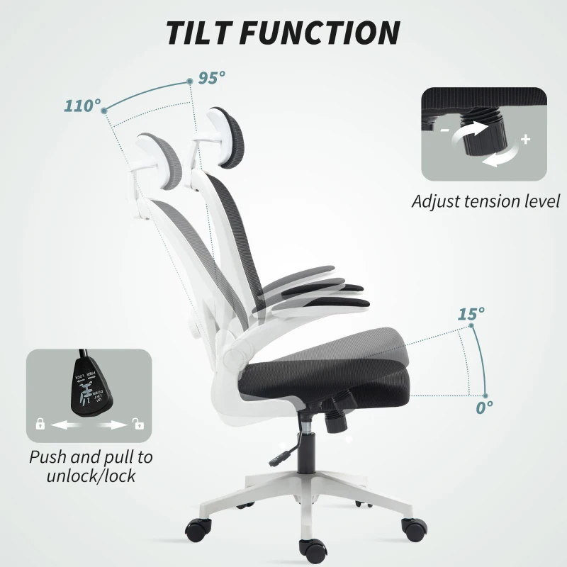 HOMCOM Mesh Office Chair, Ergonomic Desk Chair with Flip-up Armrest, Rotatable Headrest, Adjustable Lumbar Support, Black