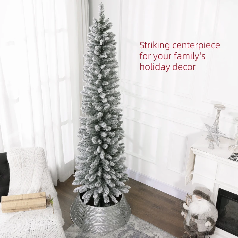 HOMCOM 7ft Artificial Christmas Tree, Snow Flocked Branches, Metal Base, Pencil Xmas Tree