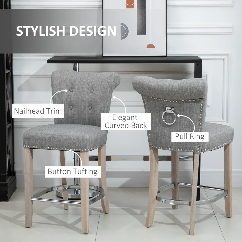 HOMCOM Bar Stools Set of 2, Upholstered Counter Height Stools with Button Tufted Back, Wood Legs and Footrest, Grey