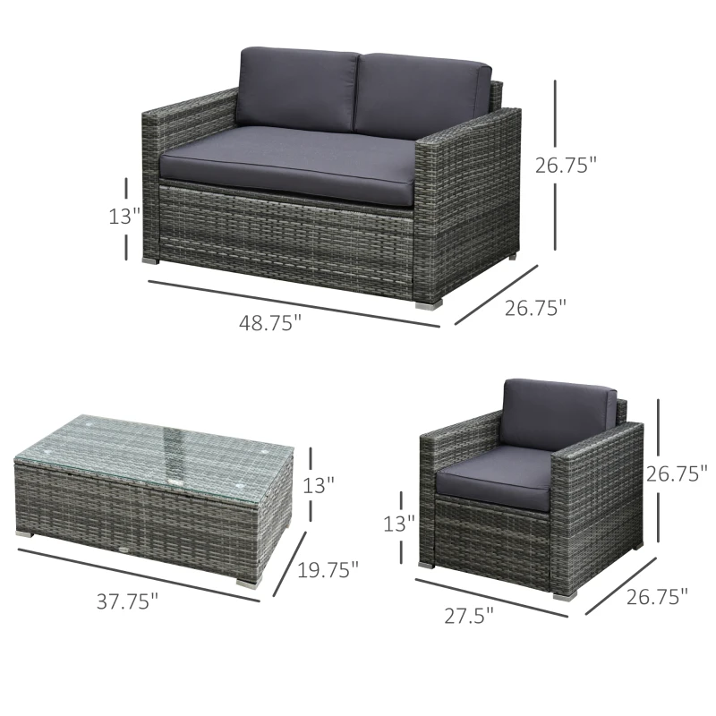 Outsunny 4 Piece Wicker Patio Furniture Set with Cushions, Outdoor Sectional Furniture with 2 Sofa, Loveseat, and Glass Top Coffee Table, Conversation Sofa Sets for Garden, Gray