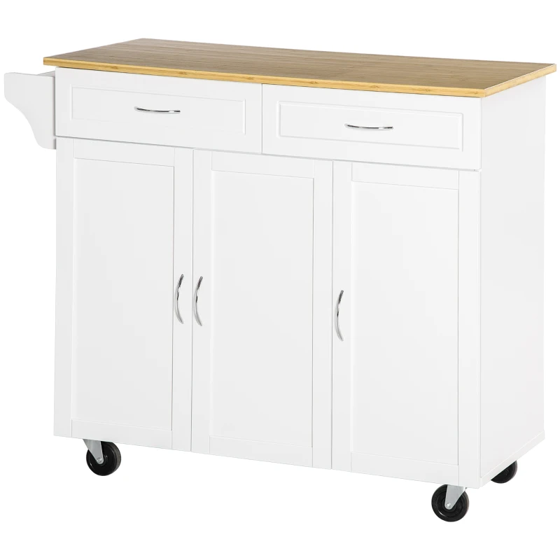 HOMCOM Rolling Kitchen Island Cart on Wheels with Large Bamboo Countertop, 2 Cabinets with Drawers, Adjustable Shelves, White