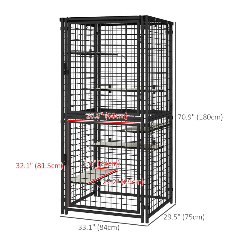 PawHut Cat Cage Multi-Level Catio Steel Outdoor Cat Enclosure w/ UV-and Water Resistant Cover, 5 Platforms, Soft Pads, Black